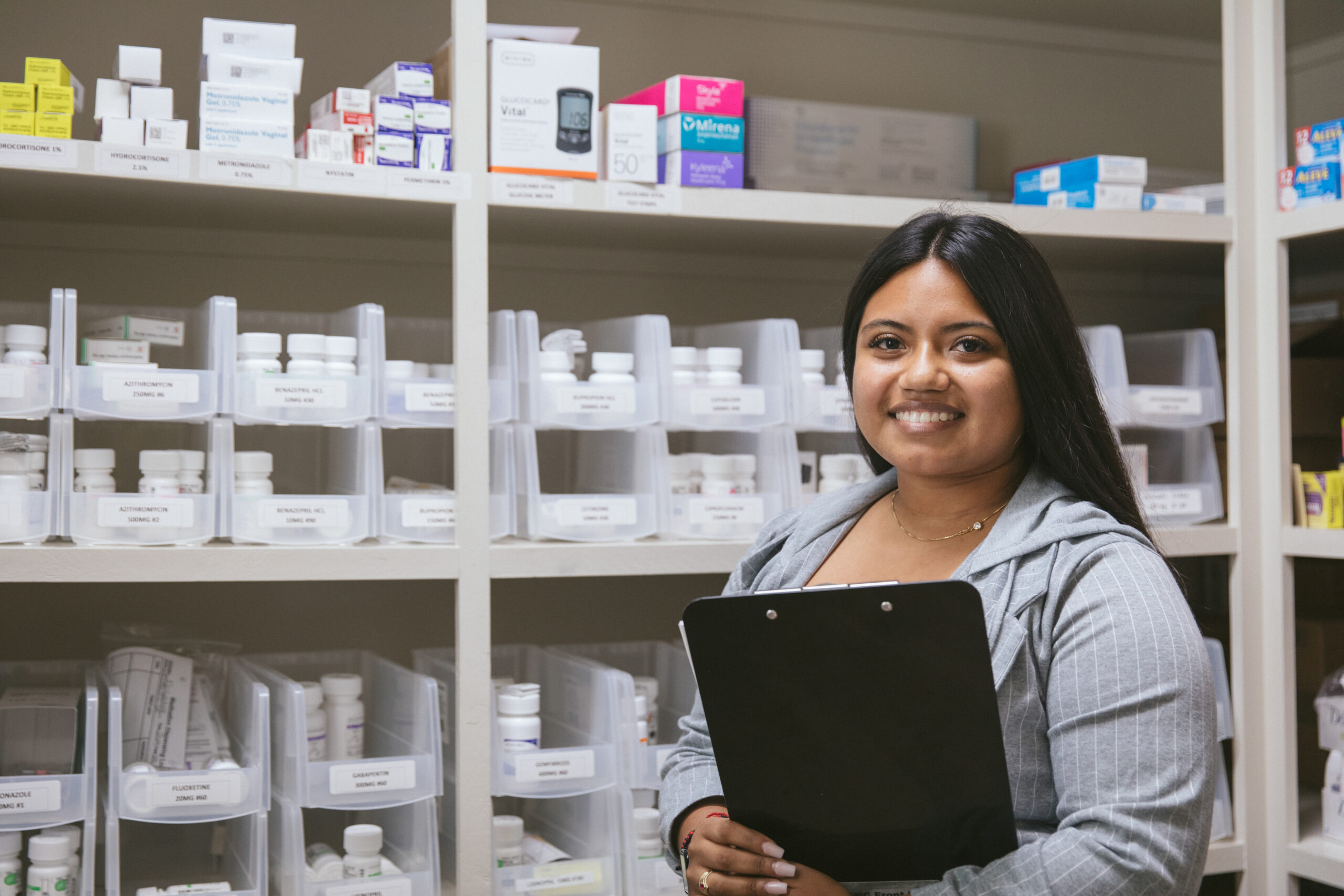 Healthcare Provider Ines Mendoza in the pharmacy of the Santa Barbara Neighborhood Clinics, in Goleta, California, on Friday, October 23, 2020. The Santa Barbara Neighborhood Clinics are among the hundreds of community health centers across the U.S. that received Bayer-donated IUDs to bolster reproductive health services for uninsured women. (Photo by Erin Feinblatt for Direct Relief)