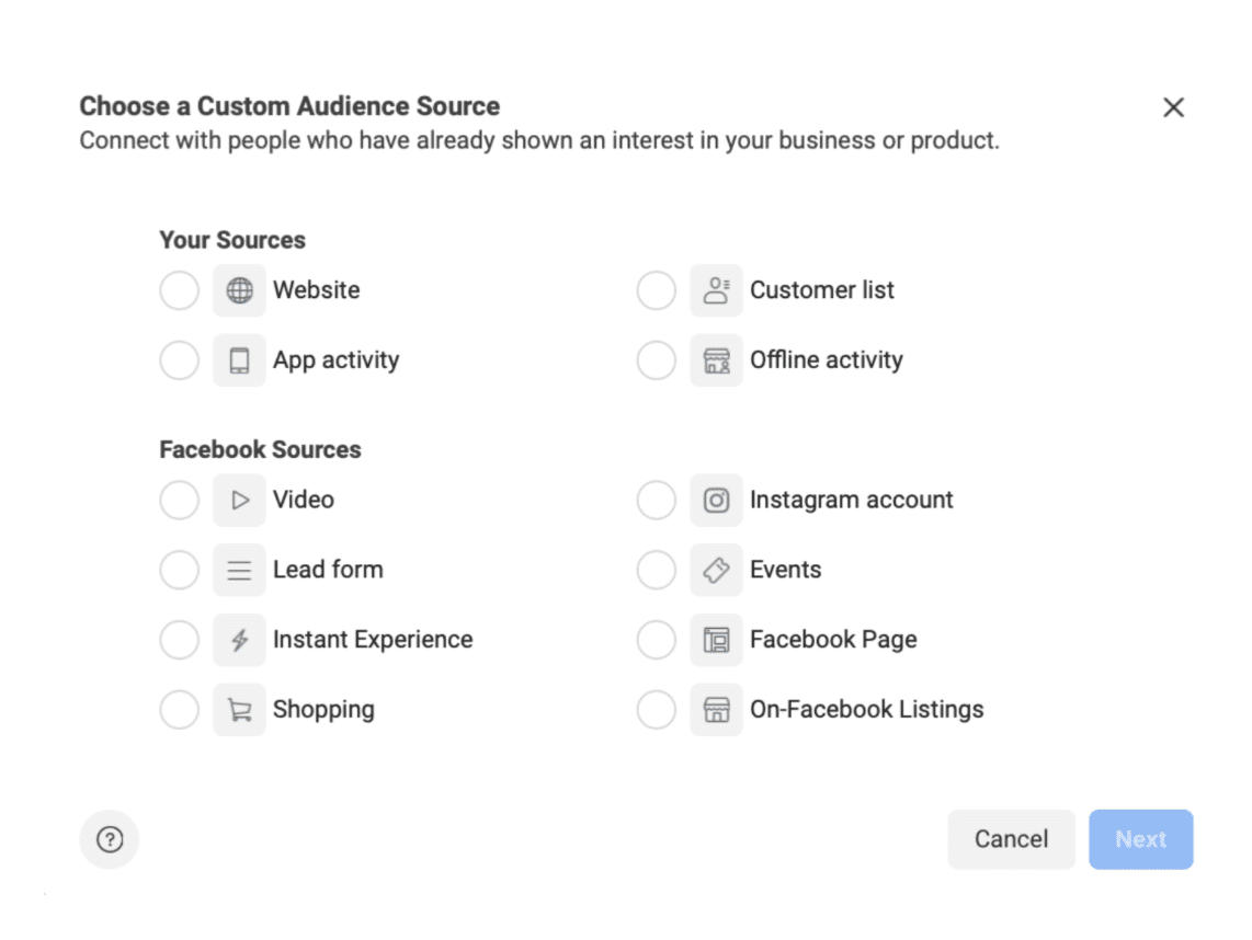 Screenshot of setting up Facebook retargeting ads