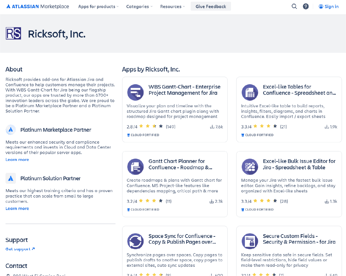 Profile of Ricksoft, Inc. on Atlassian Marketplace, featuring apps for Jira and Confluence users.