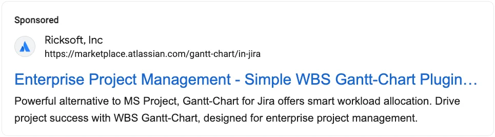 A search ad example featuring Ricksoft's WGC app plugin for enterprise project management