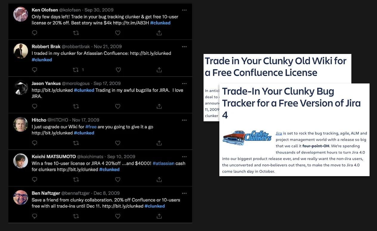 Twitter tweets linking to Atlassian’s “Cash for Clunkers” campaign, creating buzz and demand.